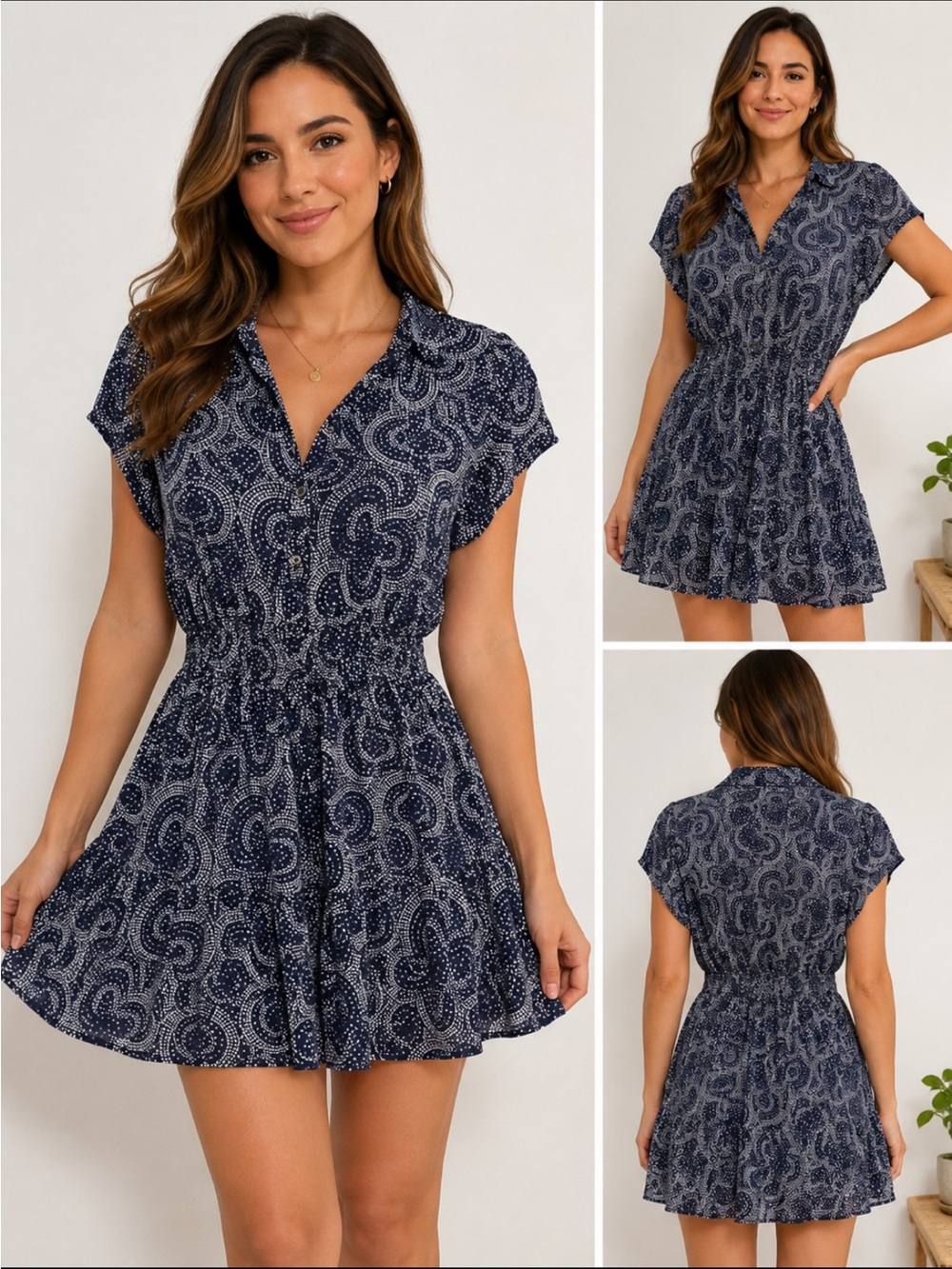 C&C California Navy Patterned Button-Up Dress Size S